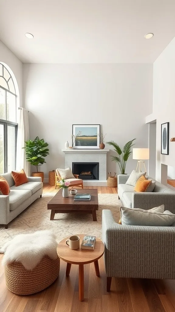 A cozy living room with a light color palette, featuring two sofas, a coffee table, and plants.