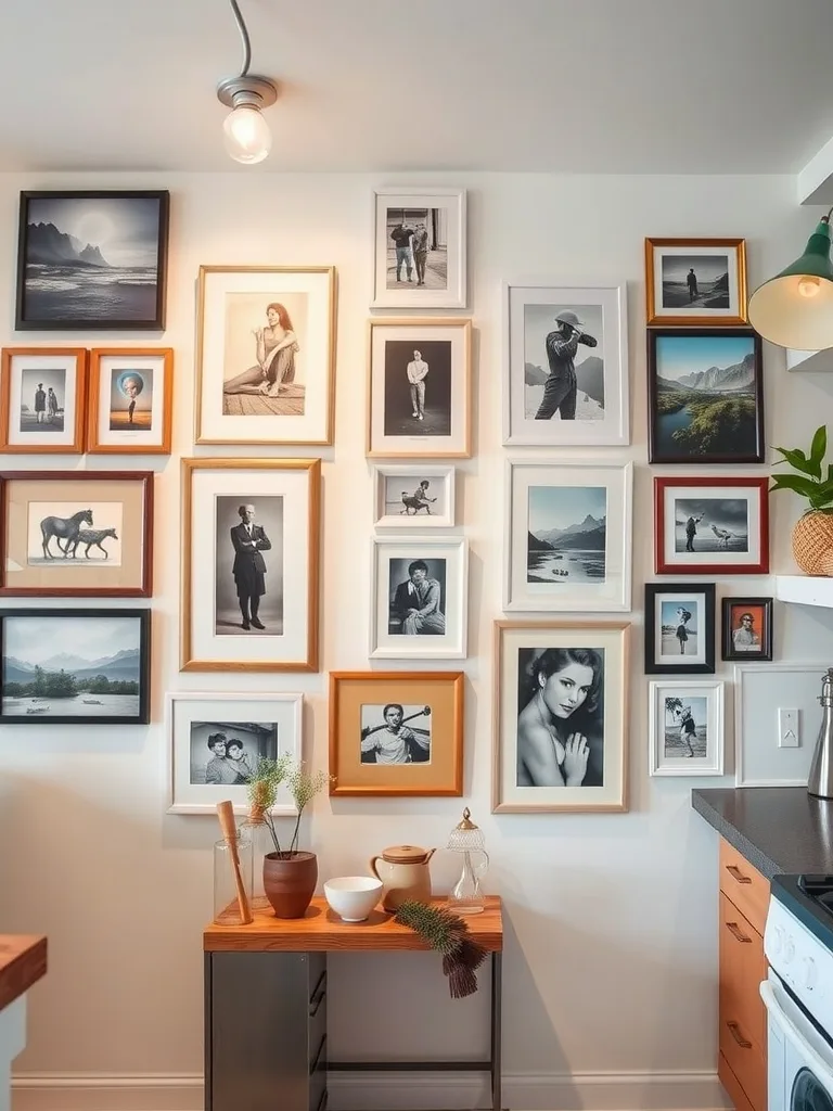 Gallery wall featuring a variety of framed artwork and photographs in a modern kitchen.