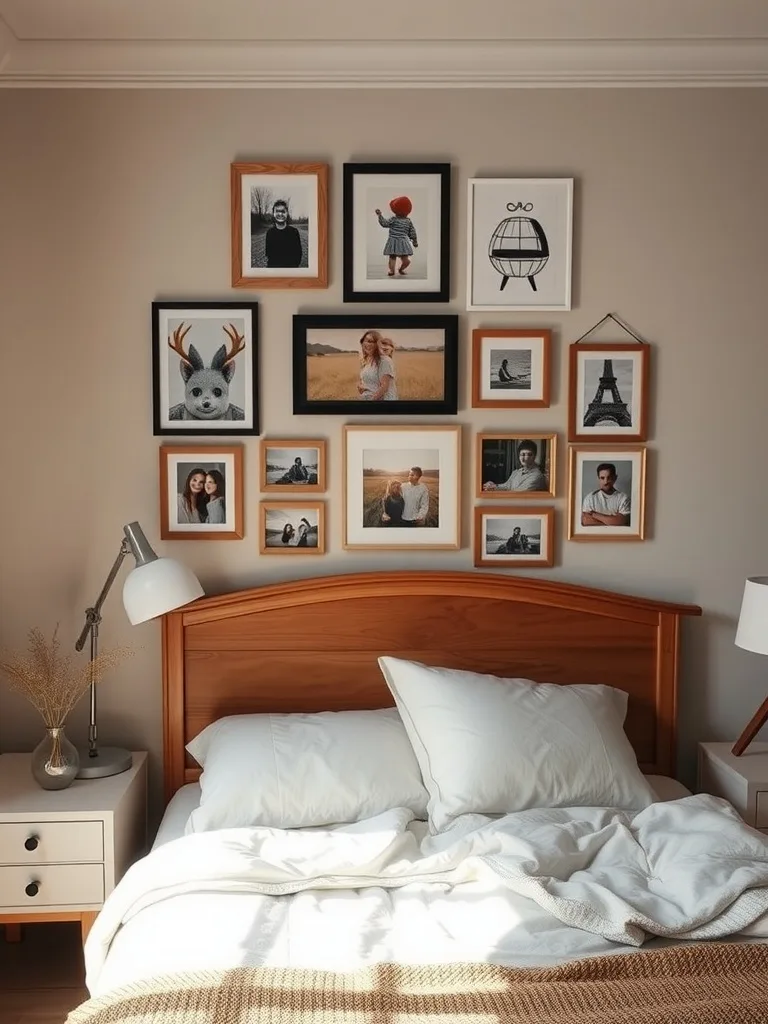 Gallery wall above a bed featuring personal photos and art prints in various frames.