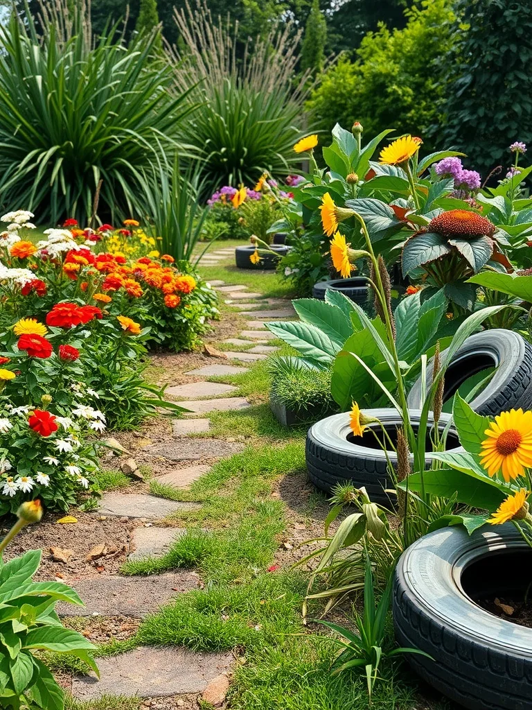 A garden path featuring vibrant flowers with upcycled tire edging.