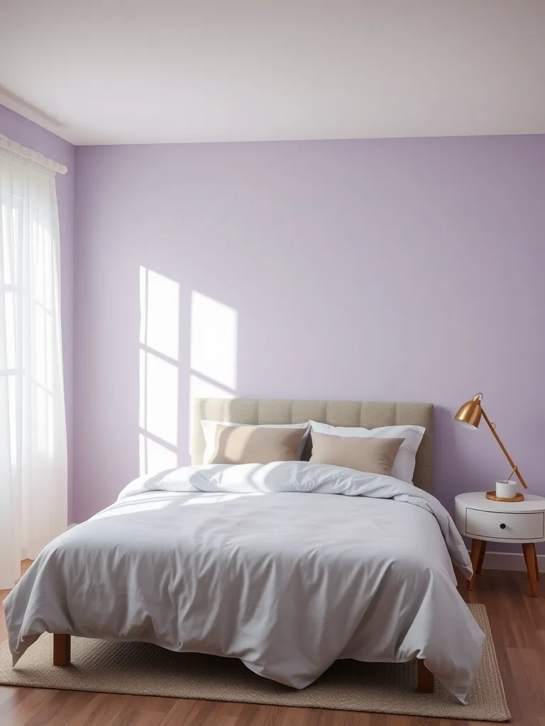 A cozy bedroom with lavender walls, a light gray bedspread, and natural light.