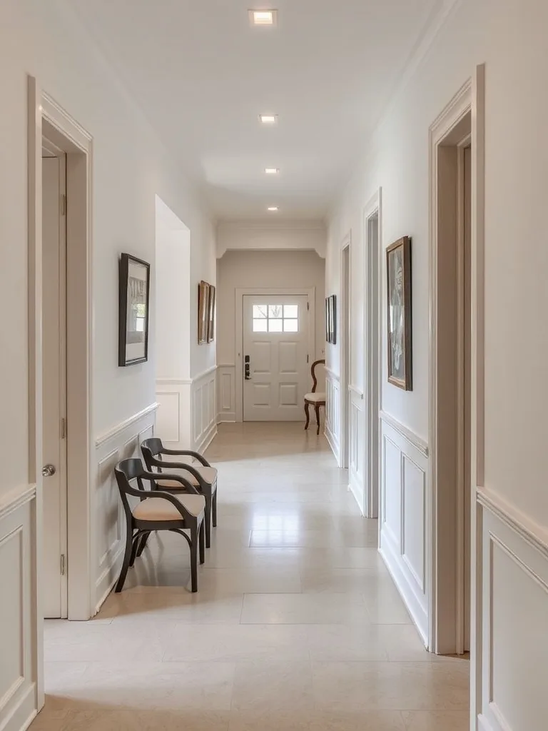 A hallway showcasing modern chair rail with glass panel inserts.