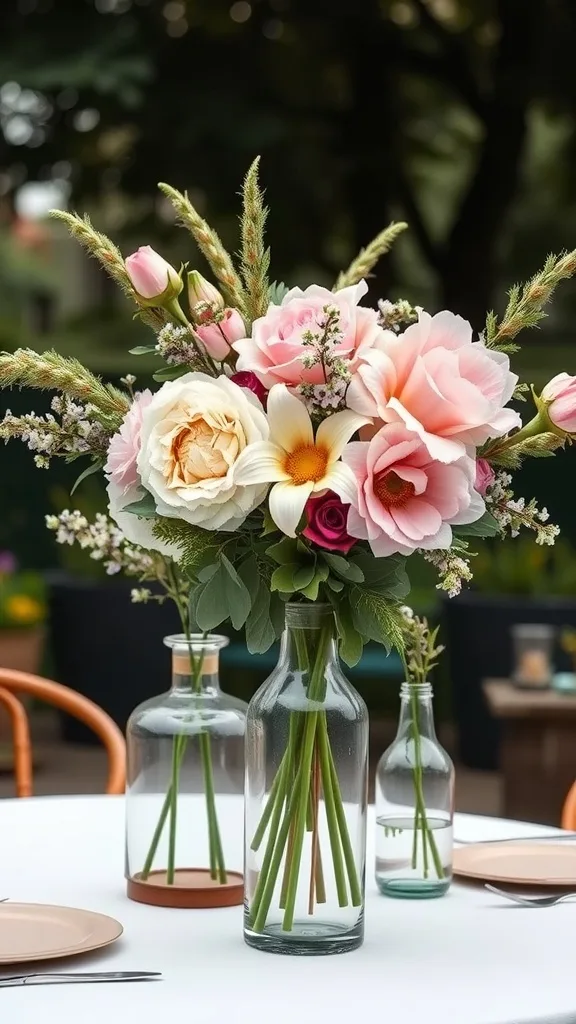 A beautiful floral arrangement featuring pink roses, white flowers, and greenery in glass vases on a patio table.