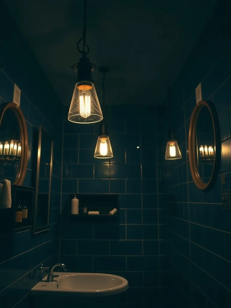 Gothic-style lighting fixtures in a dark blue tiled bathroom