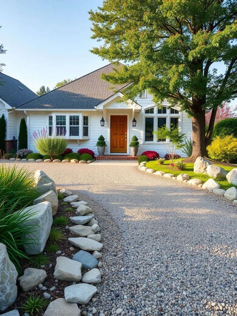 A beautiful front yard featuring a gravel driveway bordered by rocks, leading to a charming home with colorful plants and trees.