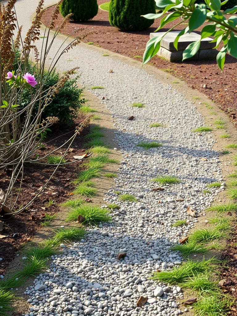 Curved gravel pathway bordered by greenery and flowers