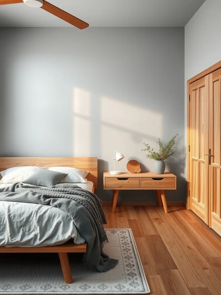 A cozy gray bedroom featuring wooden furniture and warm sunlight.