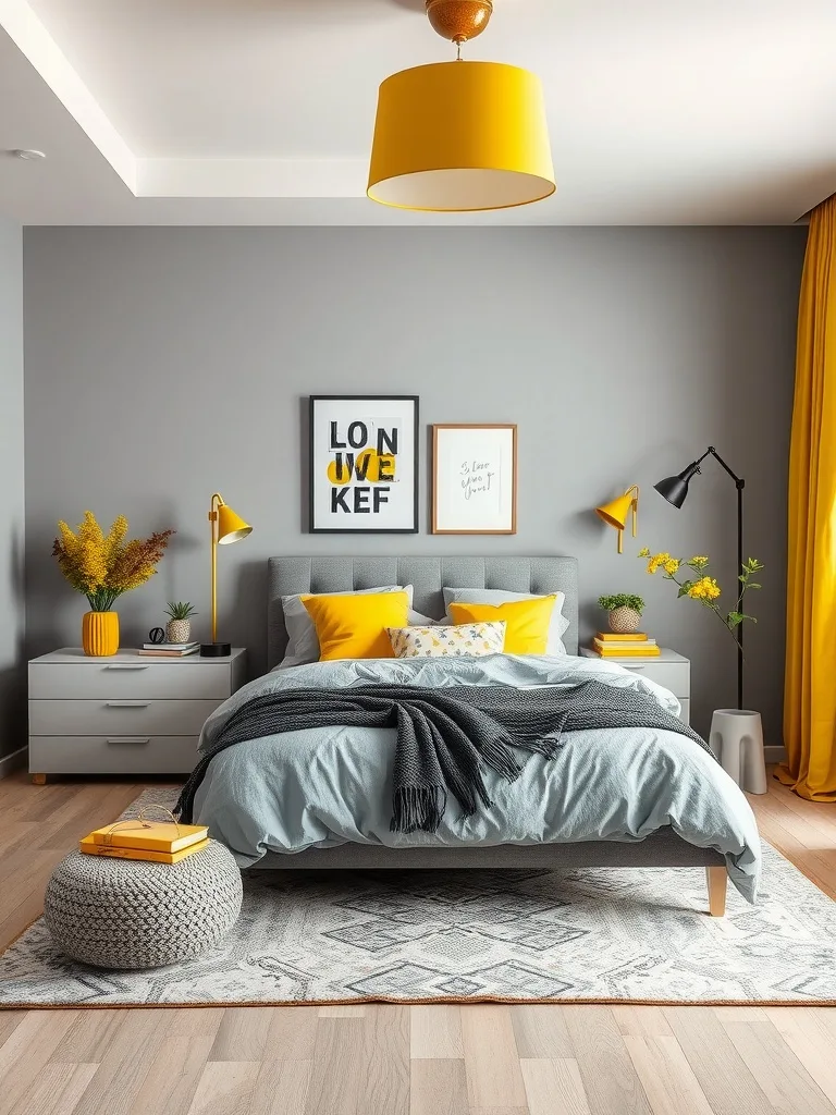 A modern bedroom featuring a gray and yellow color scheme with bright accents.