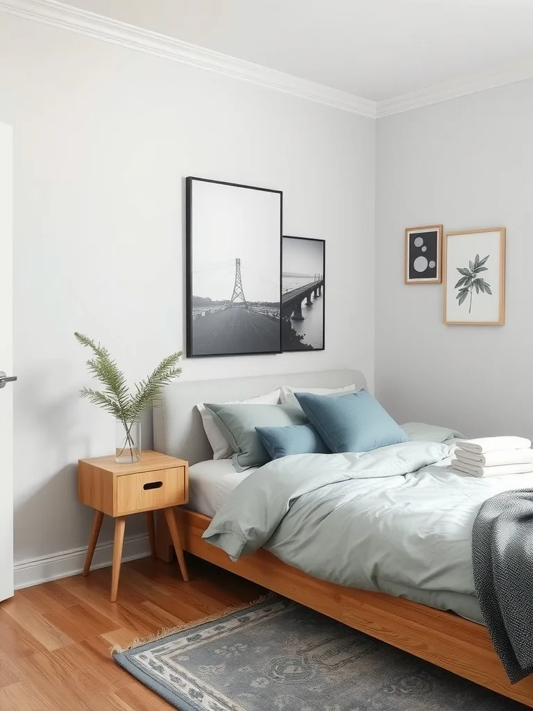 A cozy gray bedroom featuring black and white wall art, a light blue quilt, and wooden furniture.