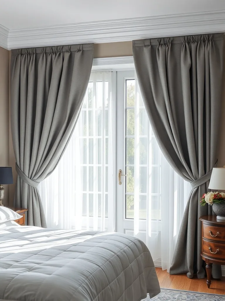 Elegant gray curtains framing a window in a stylish bedroom.