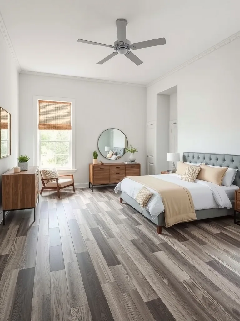 A modern gray bedroom featuring gray flooring, light walls, and stylish furniture.