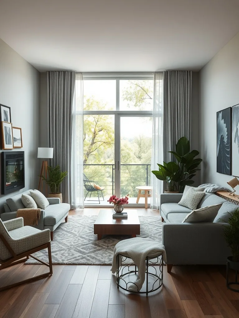 A stylish green living room with natural light, plants, and cozy furniture.