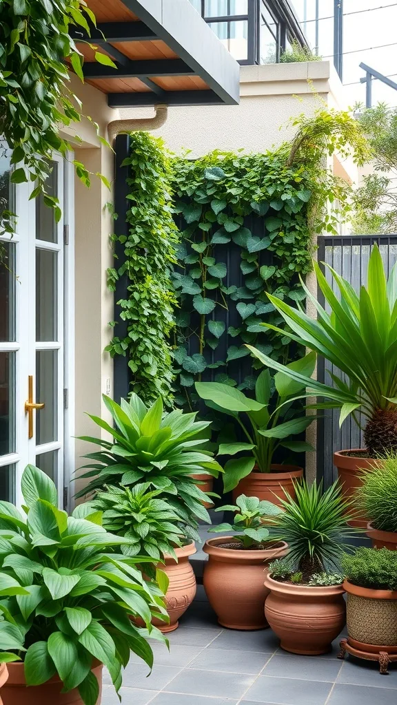 A cozy outdoor patio with various potted plants and a green plant wall.