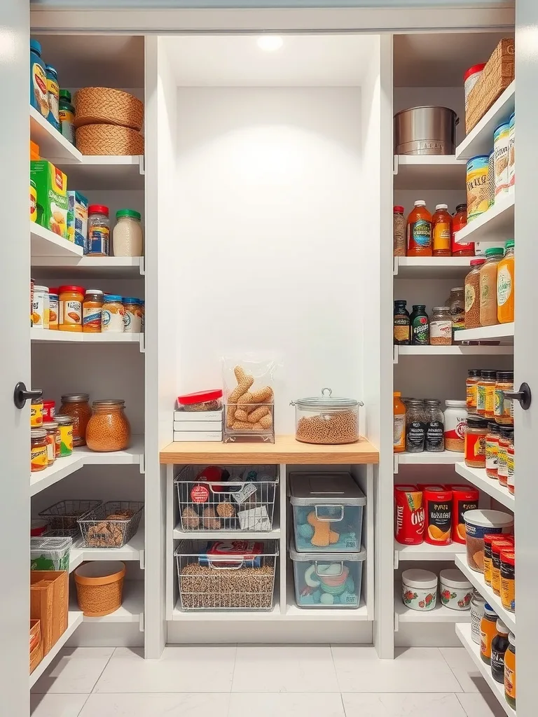 Organized pantry with shelves filled with various food items and containers.