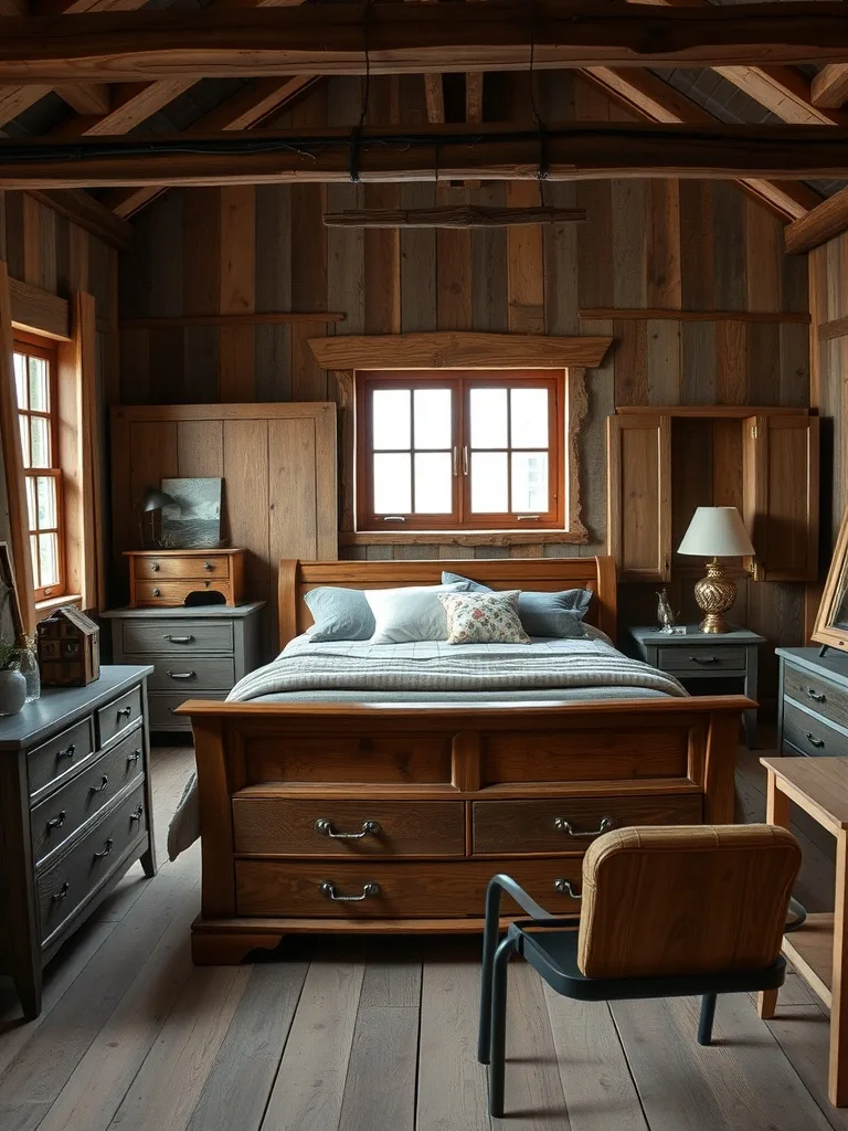 A rustic bedroom featuring handcrafted wooden furniture, showcasing a warm and inviting atmosphere.