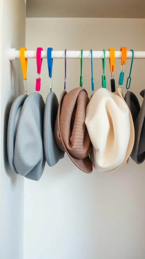 Colorful clips holding various hats on a closet rod