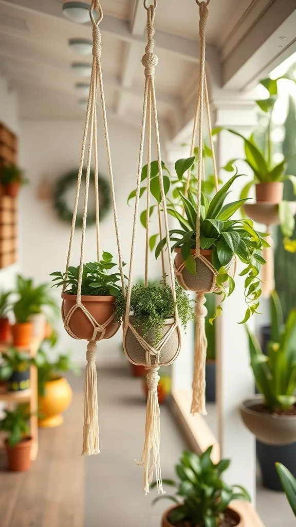 Three macrame hanging planters with various plants in a bright outdoor setting