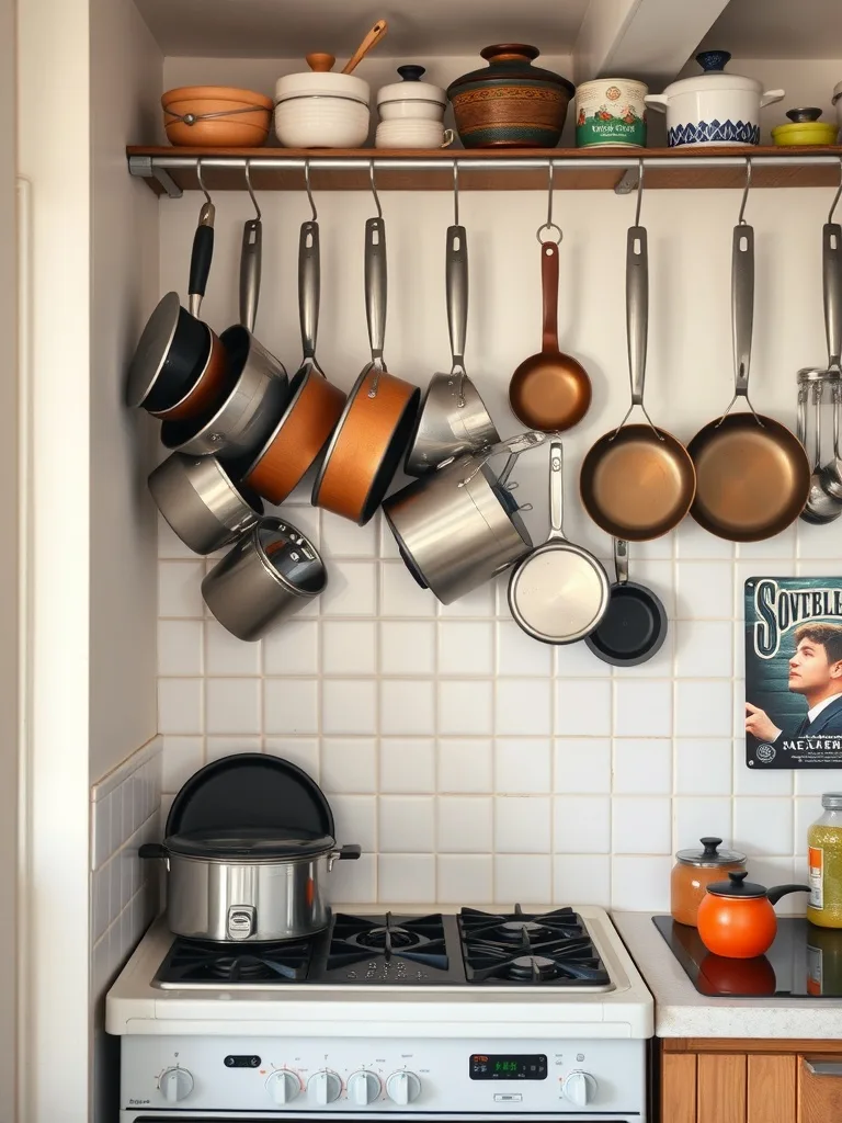 A well-organized kitchen with pots and pans hanging on a rack, showcasing various cookware.