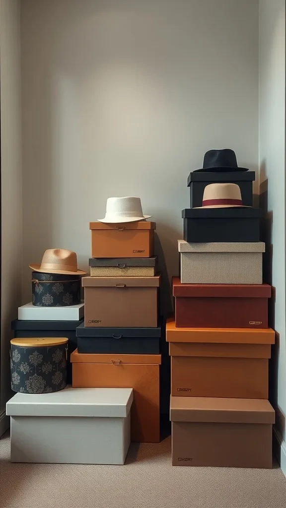 A collection of stylish hat boxes stacked neatly, showcasing various hats.