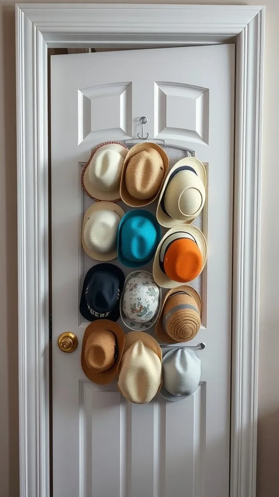 Hats organized on a closet door with a hanging rack.