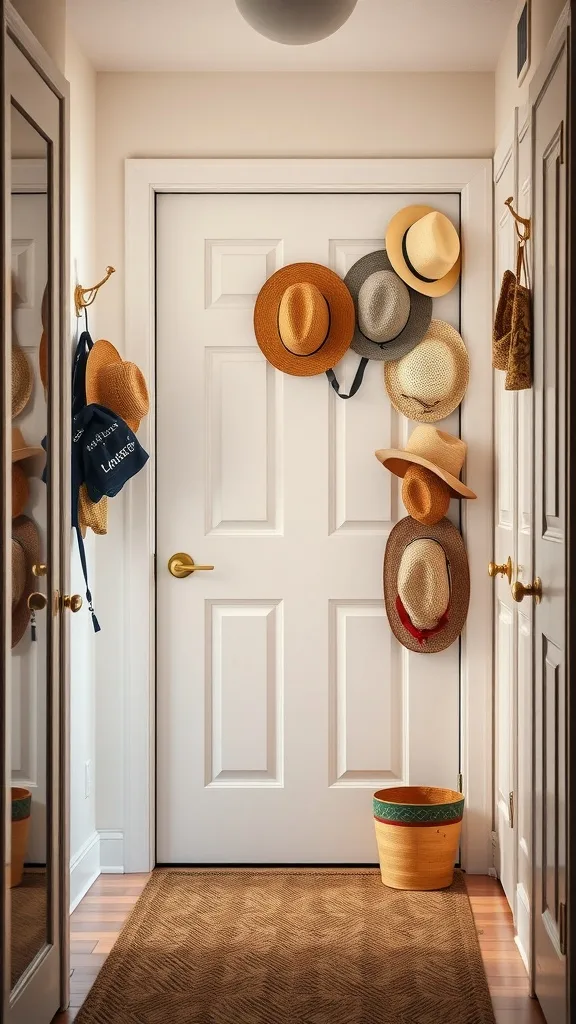 Entryway with various hats hanging on a door and a decorative basket on the floor