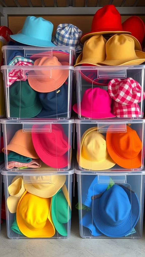 Colorful hats stored neatly in clear plastic storage containers.