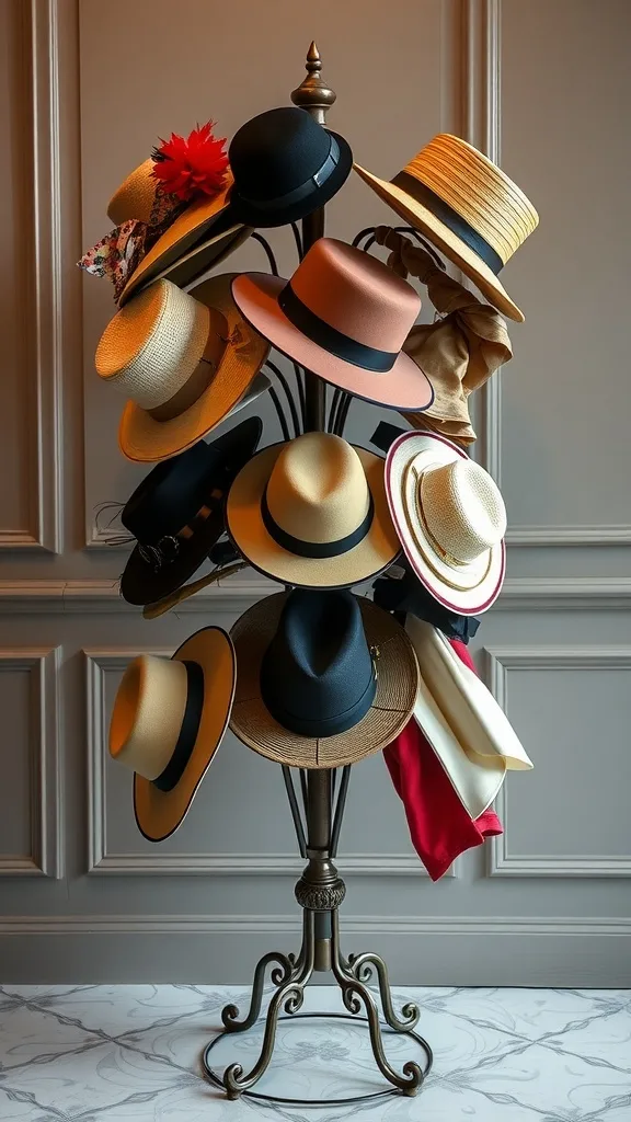 A decorative stand displaying a variety of hats in an elegant setting.