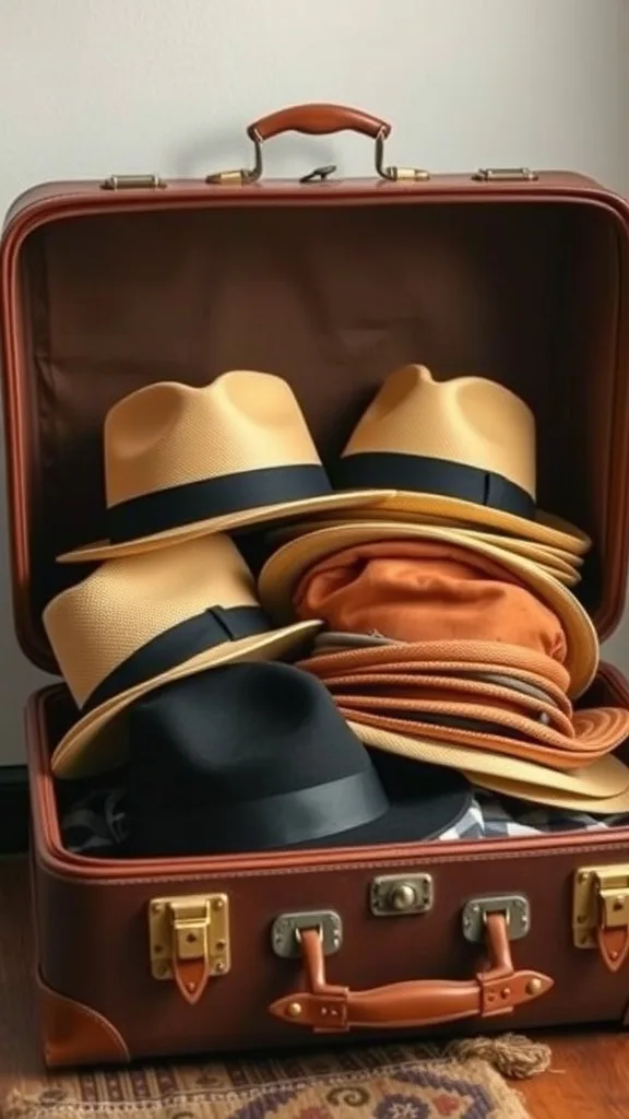 A vintage suitcase filled with various hats, showcasing a neat storage solution.