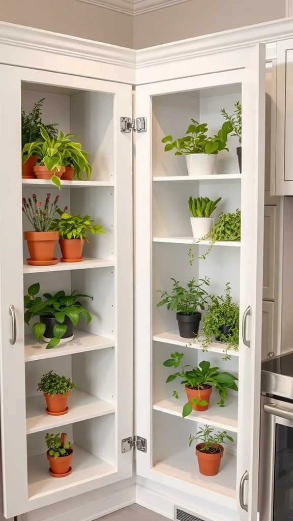 Kitchen corner cabinet filled with various potted herbs and plants.