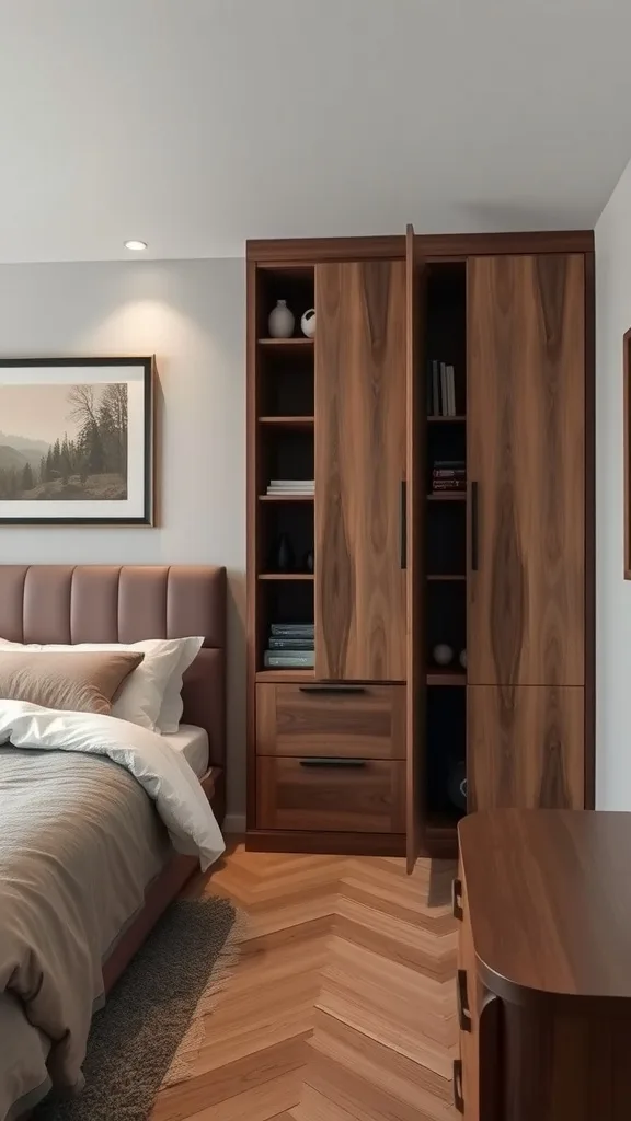 A cozy bedroom featuring a bed and modern wooden furniture with hidden storage options.