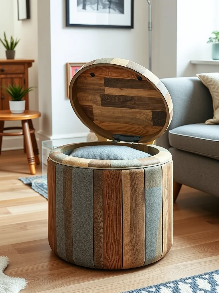 A stylish stool with a lift-off lid in a cozy room, showcasing hidden storage.