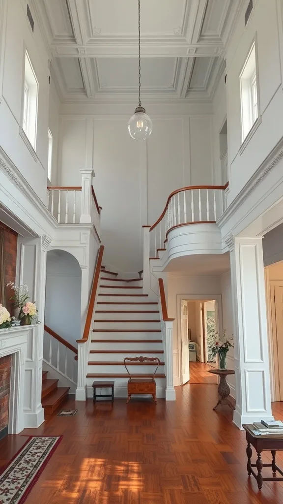 A colonial style living room featuring a grand staircase, high ceilings, detailed moldings, and warm wooden elements.