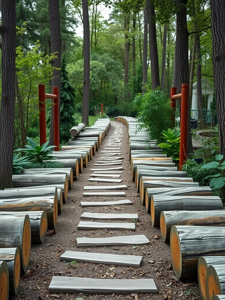 A winding pathway made of hollow logs and stepping stones surrounded by greenery