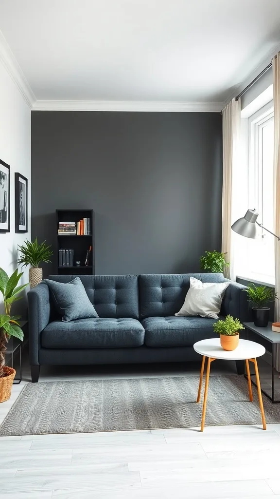 A dark gray sofa in a home office setting with plants and a coffee table.