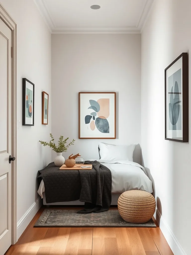 A narrow bedroom featuring wall art, a cozy bed with blankets, and decorative items.