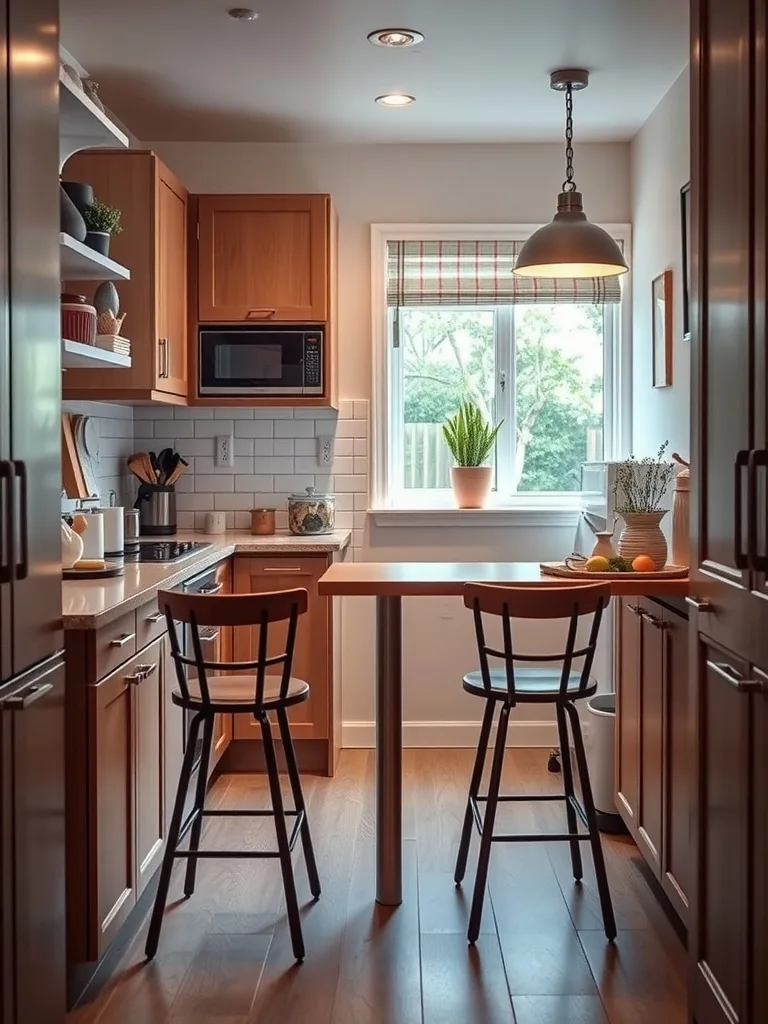 A small galley kitchen featuring wood cabinetry, a slim table, and two black bar stools.