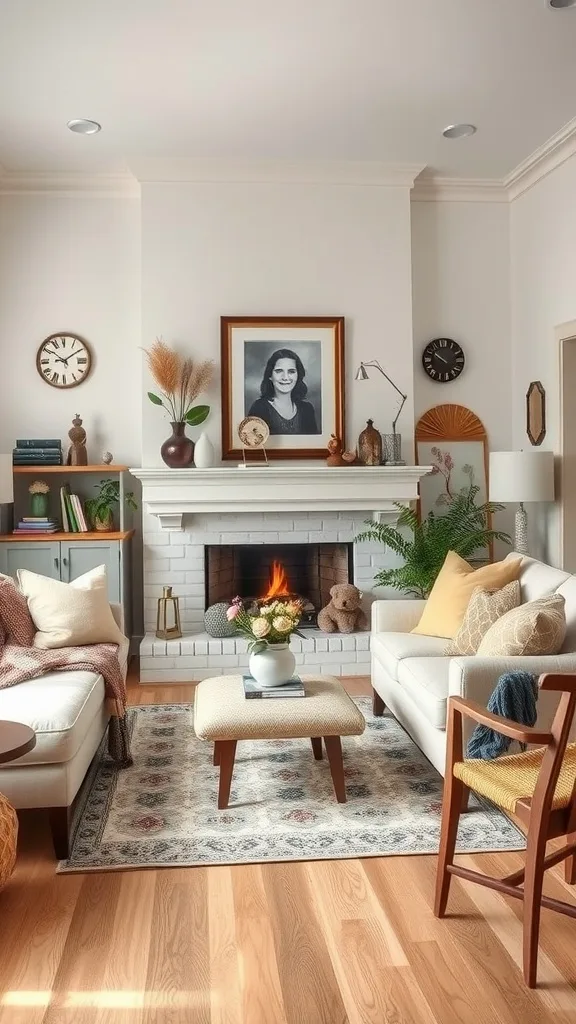 A cozy eclectic living room featuring a fireplace, family heirloom decorations, and plants.