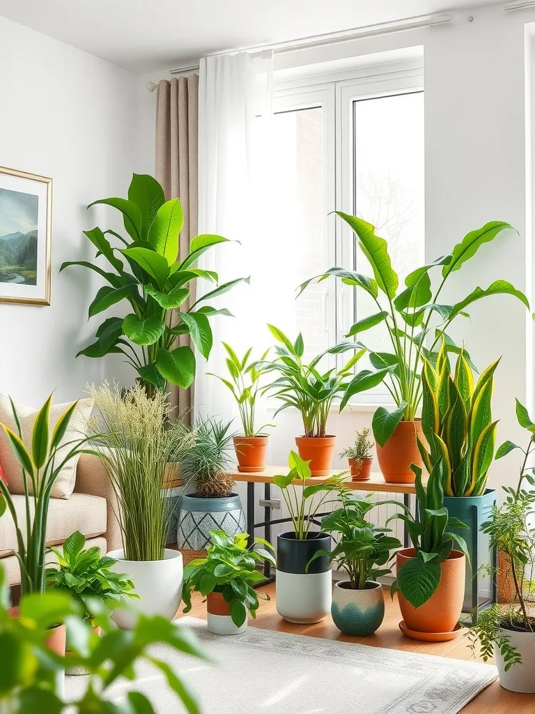 A bright living room filled with various indoor plants in pots.