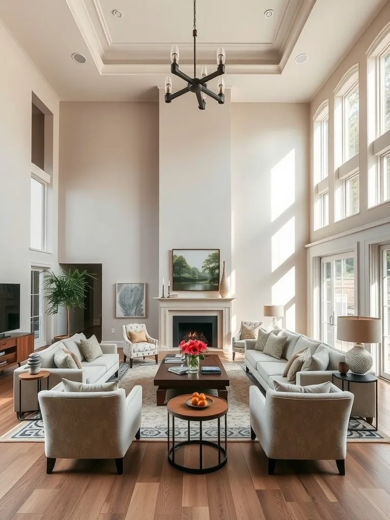 A spacious living room with high ceilings, featuring large-scale furniture like a sectional sofa and a coffee table.