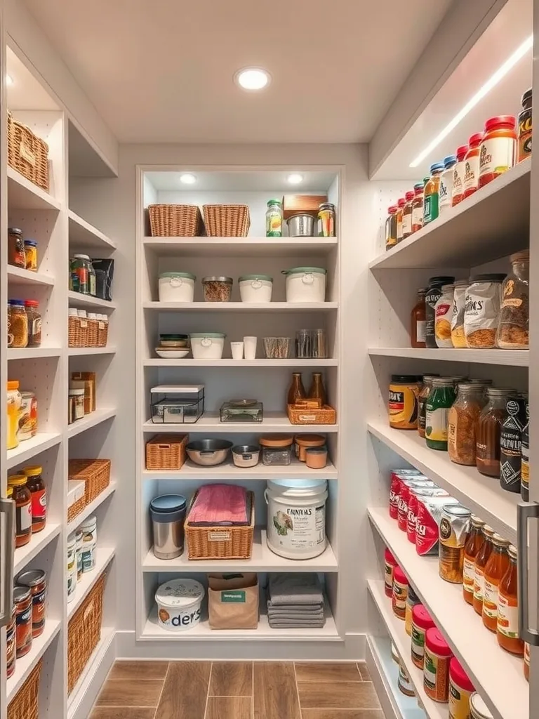 A well-organized pantry with bright lighting and neatly arranged shelves containing various jars and baskets.