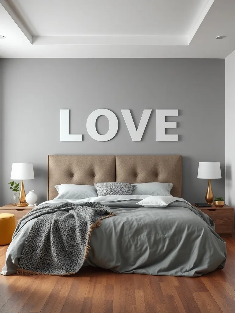 A stylish gray bedroom with metallic accents and a warm atmosphere.