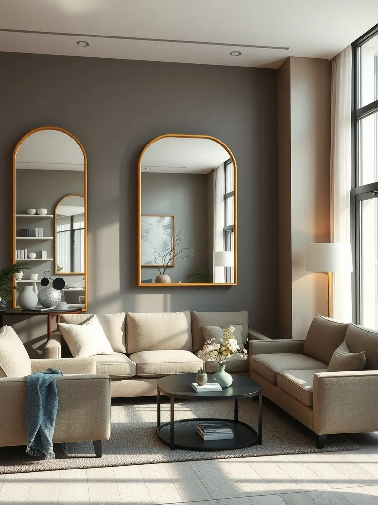 Neutral living room with two arched mirrors, beige sofas, and a round coffee table.