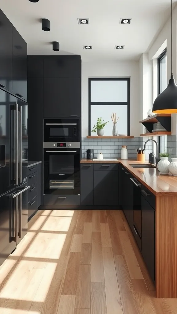 Modern black and white kitchen featuring natural wood elements.