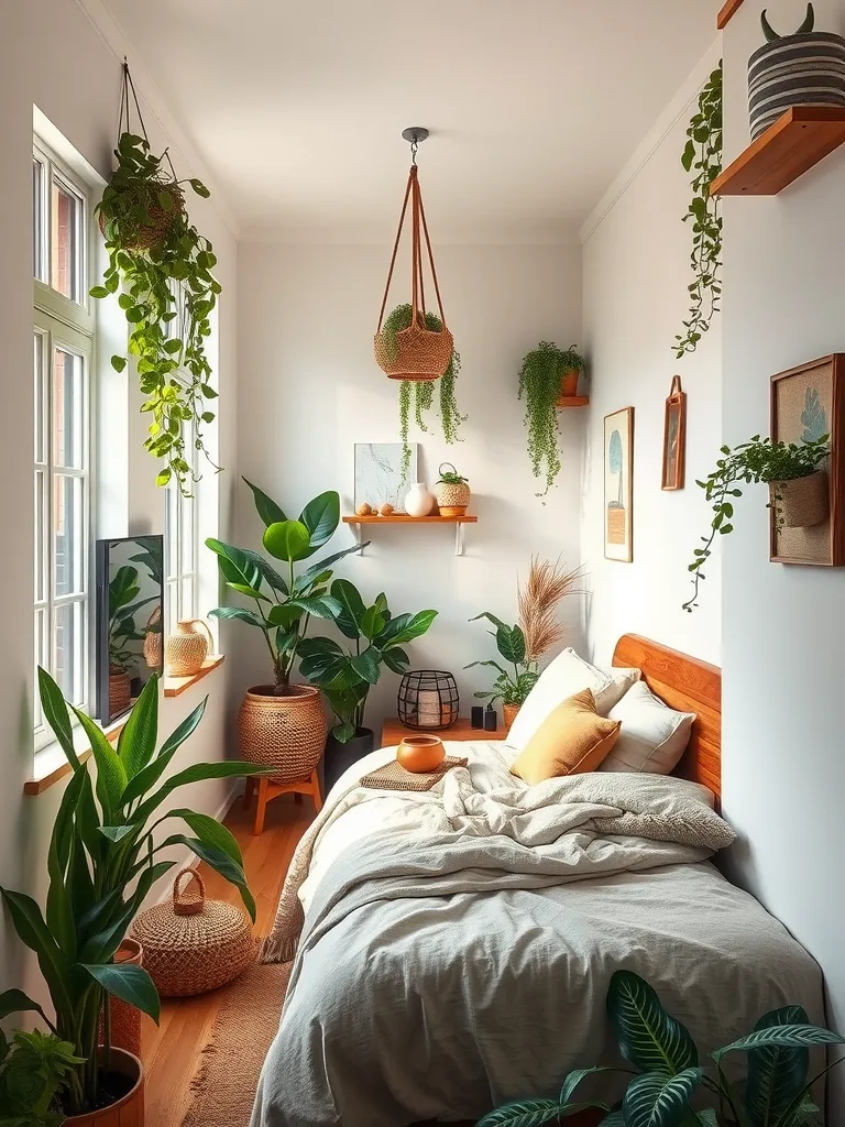 A narrow bedroom featuring a bed adorned with a blanket, surrounded by various indoor plants and wooden furniture, creating a cozy and natural atmosphere.