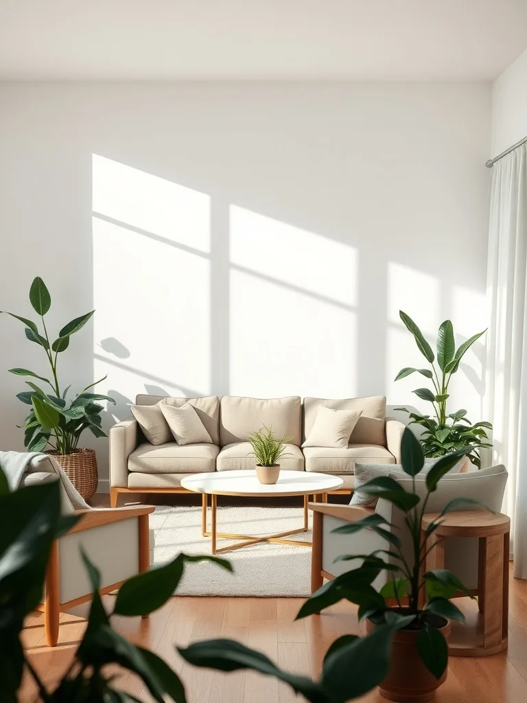 A bright, neutral living room with beige furniture and various indoor plants.