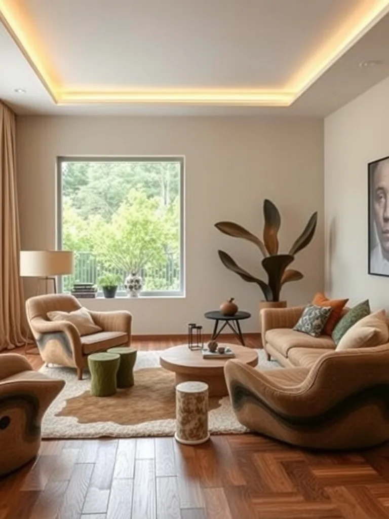 A cozy living room featuring natural shapes and earthy tones.