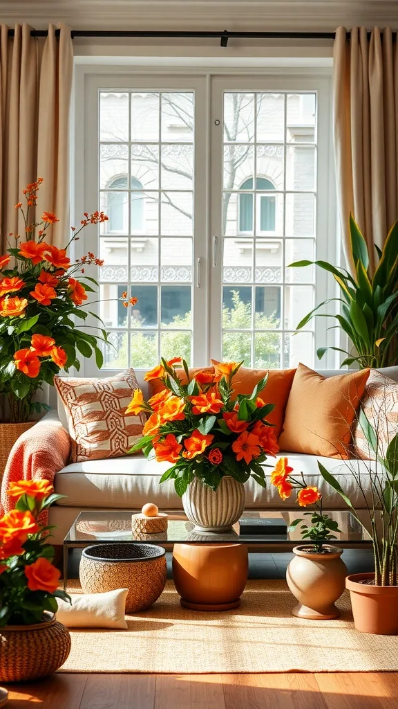 A bright living room with orange flowers and plants, featuring a cozy sofa decorated with orange pillows.