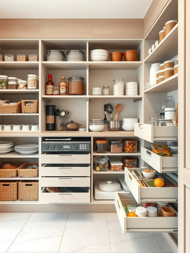 A modern pantry with organized pull-out drawers, baskets, and jars, showcasing efficient storage.