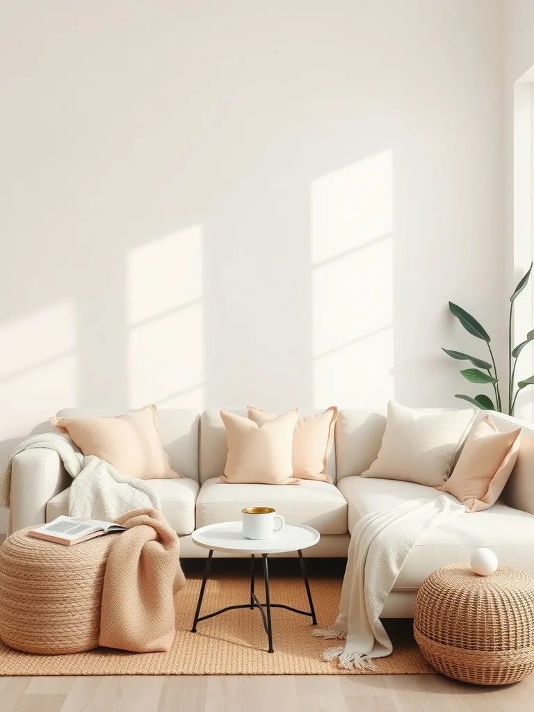 A cozy living room with a neutral sectional sofa, soft pastel cushions, and a modern coffee table.