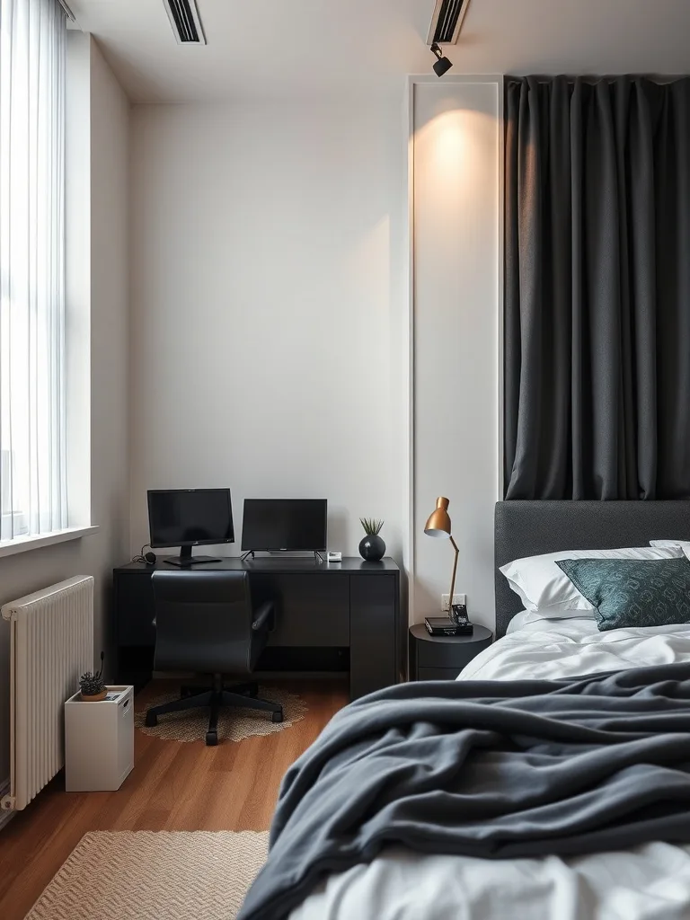 A narrow bedroom with a desk featuring two monitors, a cozy bed with a blanket, and modern decor.